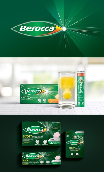 This creative showcases multiple product pack variations and the fizzy dissolution process in a glass of water, emphasizing clean, high-contrast visual design.